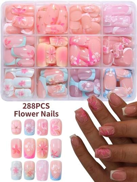 288pcs (12 Mixed Styles) Short Square 3D Gel Nail Stickers, Can Create Lotus Flower Nails, French Acrylic Press-On Nails, Short Nails, Pink French, Yellow French, White French, Blue French, Light Green French Design, Perfect Fit Short Fake Nails Set. Easy To Wear, Suitable For Summer Nails And French Manicure, Suitable For Women, Girls For Daily Work, Party, Etc.