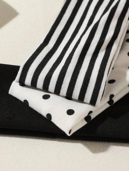 ROMWE Kawaii 3pcs Black & White Polka Dot + Striped Elastic Sweatband, Suitable For Daily Life, Yoga, Fitness, Travel, Women Hair Accessories