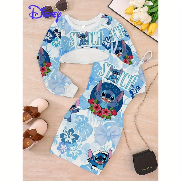 Official Disney Stitch Print Girls' Autumn/Winter Long Sleeve Shirt Dress - Soft Breathable Fabric, Casual Sporty School Style with Floral Applique, Regular Fit Round Neck - Perfect Gift for Fashionable Girls, Disney Outfits for Girls, Durable Outdoor Wear