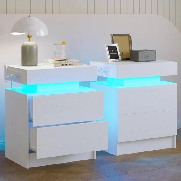 LIKIMIO Night Stand Set of 2, Modern Nightstand with with Charging Station, Bedside Tables with LED Light and Drawers