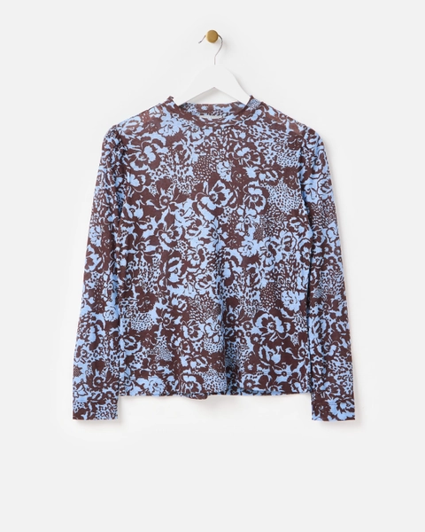 Brown & Blue Floral Mesh Long Sleeve Top | Oliver Bonas