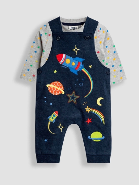 JoJo Maman Bébé Navy Blue Space 2-Piece Appliqué Dungarees & Print Top Set