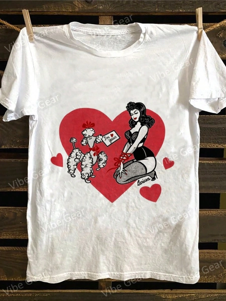 Retro Pin-Up Poodle Valentine's Day T-Shirt - Vintage Style Crew Neck Tee, Soft Cotton, Breathable Summer Top - Perfect Valentine's Day, Anniversary, Or Romantic Gift For Her, Girlfriend, Wife