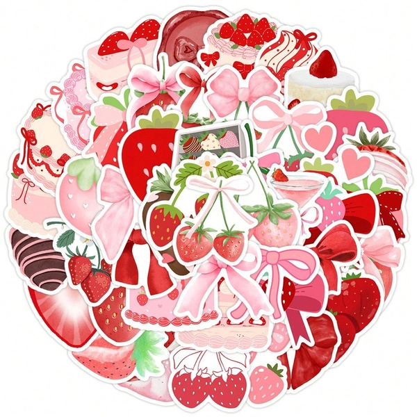 50pcs Valentine's Day Strawberry Theme Stickers, Watercolor Style Strawberry Dessert Stickers, Cute Strawberry Stickers, Suitable For Water Bottles, Computers, Laptops, Phones, Luggage, Notebooks, Refrigerators, Waterproof And Durable