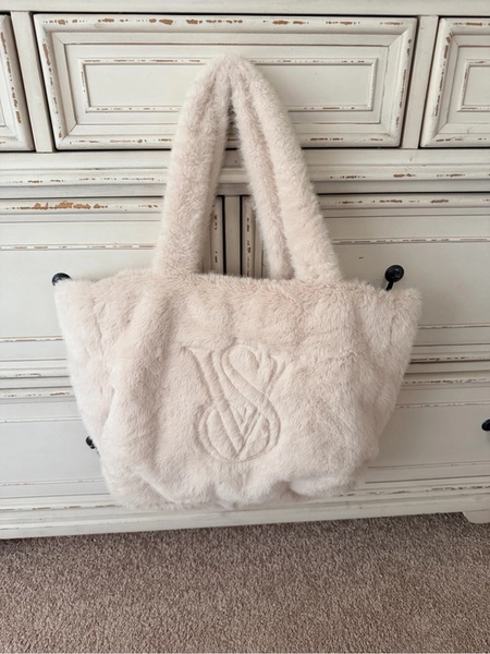 Victoria's Secret Plush Faux Fur Tote in Cream