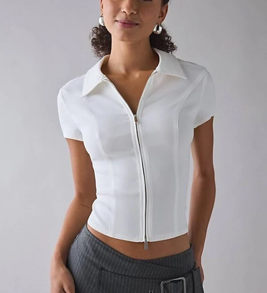 Urban Outfitters Ledia Slim Short Sleeve Zip-Front Shirt Top