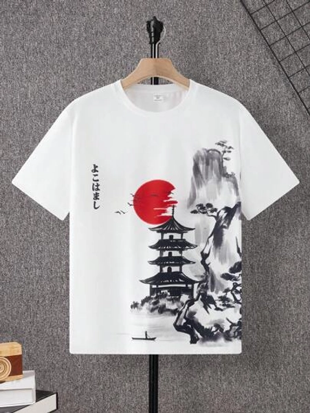 SHEIN 1 Pc Teen Boys T-Shirts Fit Crew Neck Short Sleeve Graphic Tee Landscape Casual Japanese Fashion PolyesterSpring Wear; Teen Boys' Clothing; Spring Back To School