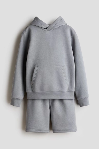 2-Piece Brushed-Inside Sweatshirt and Shorts Set - Gray