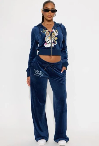 Fashion Nova Women's Ed Hardy NY Skull City Velour Pant Set