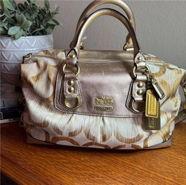 COACH MADISON SABRINA GOLD OMBRE OP ART CANVAS LEATHER SATCHEL