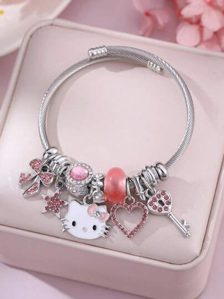 Sanrio 1pc Sanrio Pink Panda Style Bracelet, Cute KT Cat Cartoon Charm Bracelet
