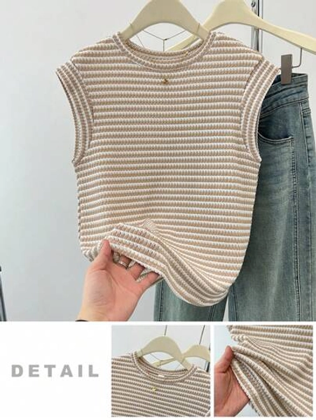 SHEIN Teen Girls' Casual Striped Round Neck Short Sleeve T-Shirt, Minimalist & Comfortable For Everyday/Homewear Striped Summer Tops Teen Girl Summer Tops Ribbed Tops Basic Summer Tops Cute Teen Tops