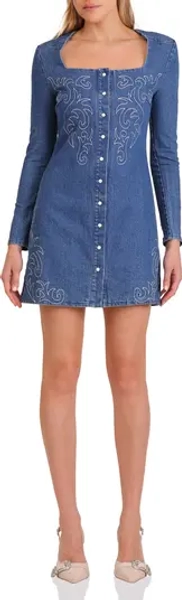 Western Embroidery Long Sleeve Denim Minidress