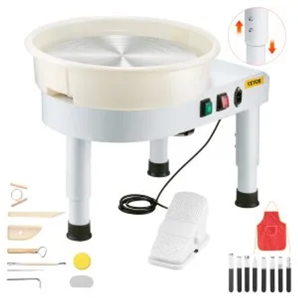 VEVOR Tornio per Ceramica, Macchina per la Formatura di Ceramiche da 35 cm, Velocità da 60 a 300 giri/min, con Accessori Pedale, Gamba di Sollevamento Regolabile, Vasca Rimovibile, Bianco