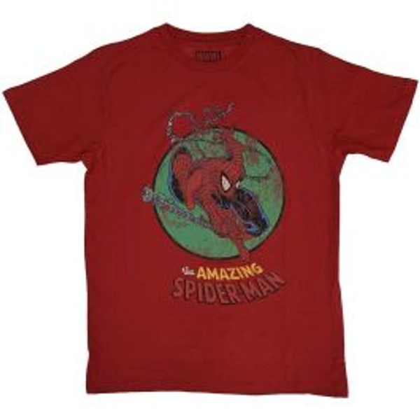 Marvel Comics: Spiderman Shooting Webs - Red T-Shirt - Merchoid UK