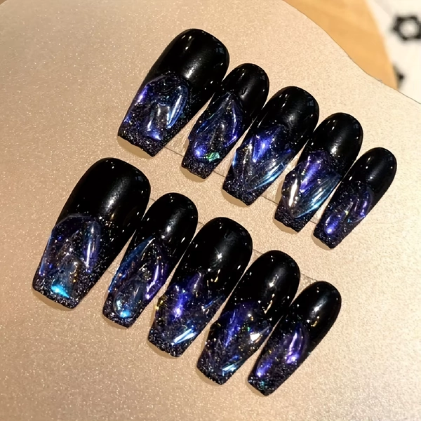10pcs high-end Flash bright black purple dark system long handmade fake nails, Dark purple Aurora Women's fake nail patch - AliExpress 