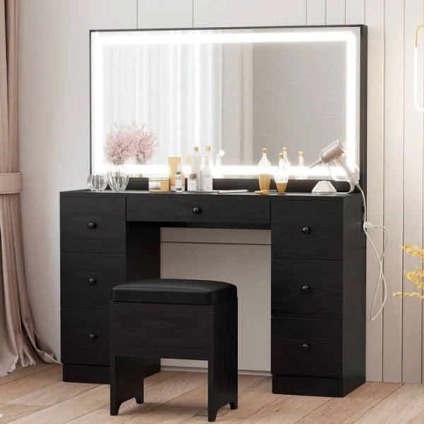 Latitude Run Makeup Vanity Desk with LED Lighted Mirror, Power Outlet, 7 Drawers, and Makeup
