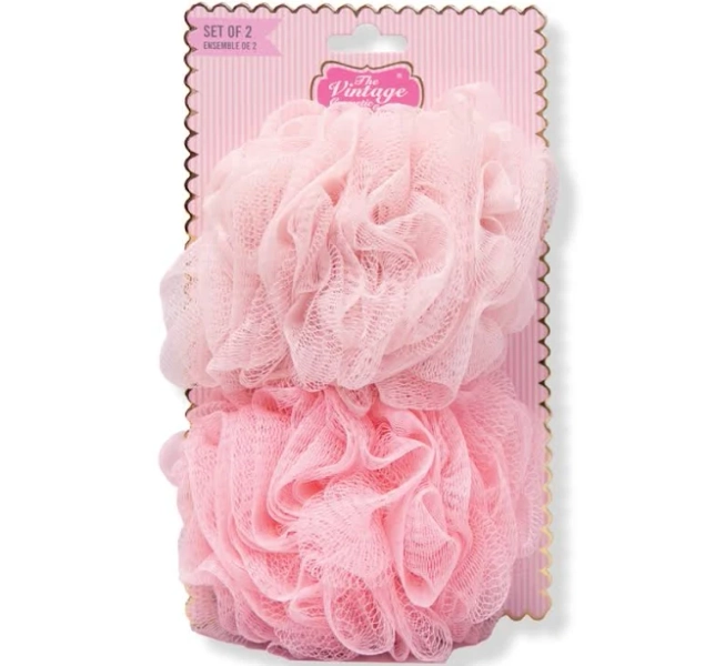 The Vintage Cosmetic Company Pink Exfoliating Bath & Shower Pouf Sponges Set
