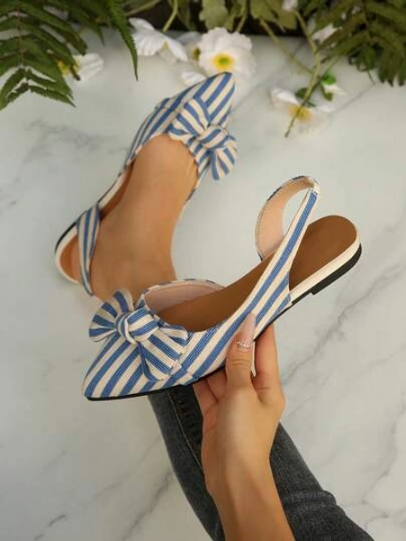 Blue & White Pointed Toe Flat Shoes With Bowknot Design, Hollow-Out Loafers, Elegant Casual Slip-On Flats For Women, Fall, Spring/Autumn