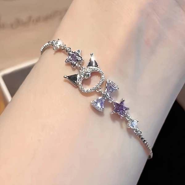 Official Sanrio Jewelry 1pc Simple Elegant Kuromi Shining Synthetic Cubic Zirconiaia Bracelet, Fashionable Versatile Delicate Girly High-End Bracelet, Daily Wear, Ideal Gift for Best Friend, Valentine's Day, Christmas Gift, for Teenager