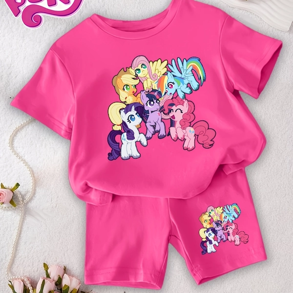 2pcs Set for Baby Girls, Casual Cute My Little Pony Cartoon Anime Pattern Print Knit Short Sleeve And Shorts, Regular Fit, Suitable for Spring/Summer Outdoor Activities And Casual Wear, for Outdoor