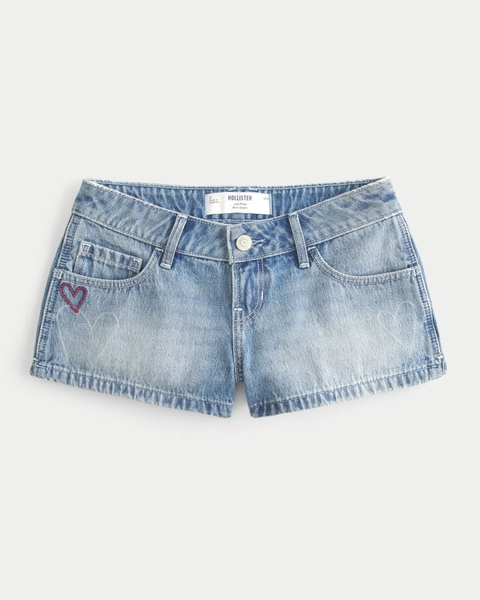 Low-Rise Medium Wash Heart Graphic Denim Mini Shorts