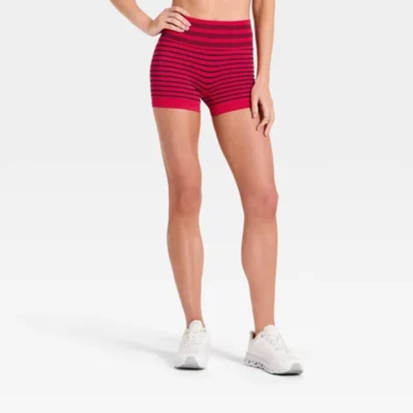 Women's Striped Seamless High-Rise Bike Shorts 3" - All in Motion™ Loving Red XXL