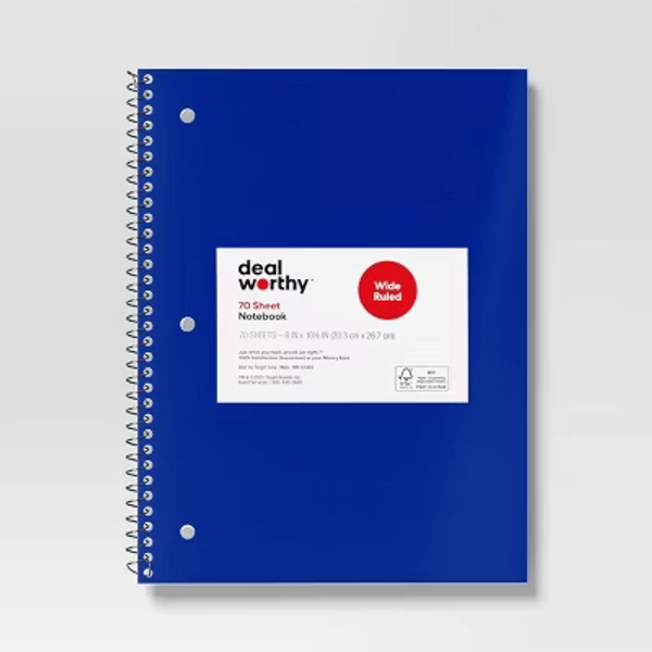 Subject Spiral Notebook Wide Ruled Blue - Dealworthy™