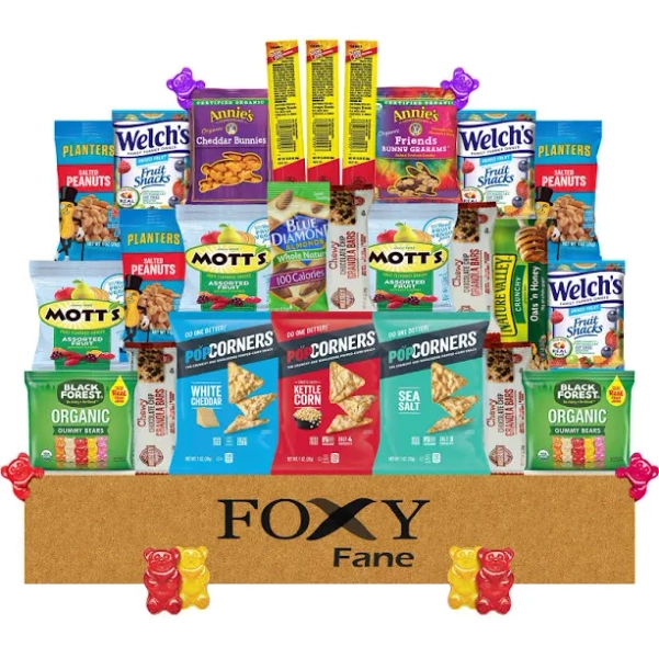 Foxy Fane 25 Count Healthy Snack Box - Premium Holiday, Christmas & New Year Gift Care Package With Variety Of Nuts, Crackers, B