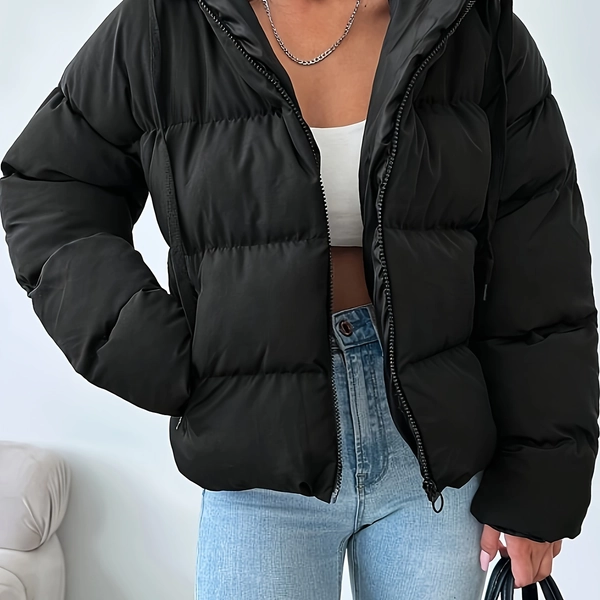 [Polyester Hooded Jacket] Stylish Polyester Women's Casual Hooded Jacket | Black Zip-Up Coat with Long Sleeves and Pockets | Machine Washable, Non-Stretch Fabric, Ideal for Winter Comfort & Fashion