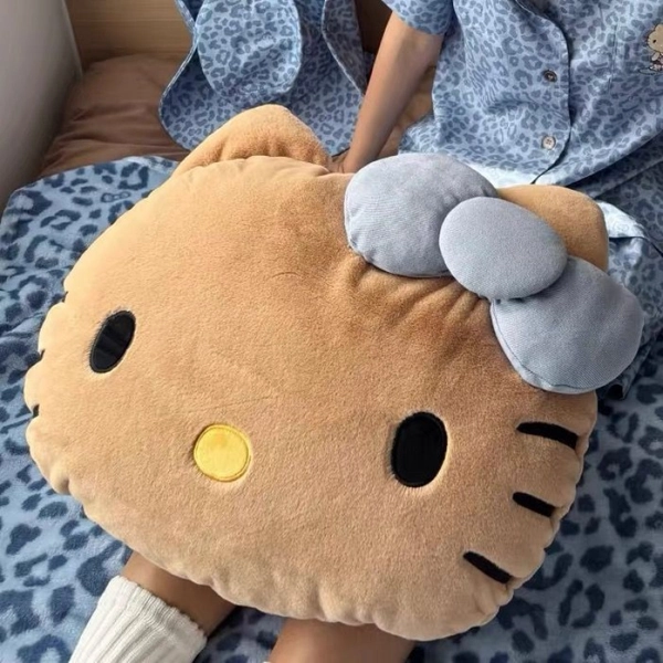 Sanrio Brown Hello Kitty Pillow, Sofa Pillow, Dormitory Cushion, Cartoon Doll Pillow, Room Decoration, Soft Filling,  and  Bow Design