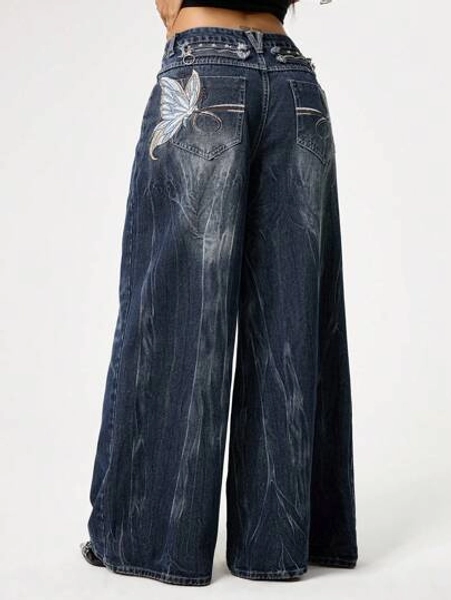 ROMWE Fairycore Plus Size Vintage Washed Butterfly Embroidered Jeans