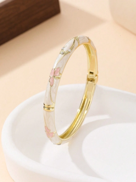 1pc Fashion New Rhinestone Enamel Flower Pattern Cloisonne Bangle Bracelet, Jewelry Gift For Women & Girls