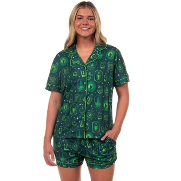 Intimo Wicked Pajamas Women's Elphaba Defy Notch Collar Top and Short 2 Piece Set (XXL) Green