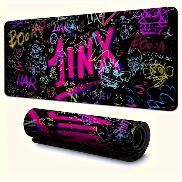 J-Jinx Large Gaming Mouse Pad/Rubber Base/Vibrant Doodle Design with Bold Text and Fun Patterns/Suitable for Office, School, and Home Decor/Durable Rectangular Surface/Smooth Gliding/Workstation Accessory/Office Space/Abstract Pattern/Non