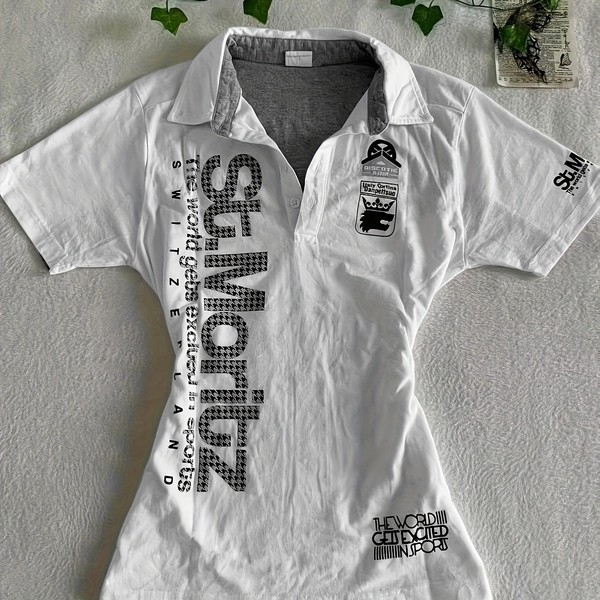 XY Summer New White Regular Shoulder Shirt Short Sleeve T-Shirt for Women, Vintage Slim Fit Waist-Defining Top, Turn- Collar Button Print Short Sleeve T-Shirt for Women, Vintage Slim Fit Top, Vintage Collar Short Sleeve T-Shirt for Women, Suitable