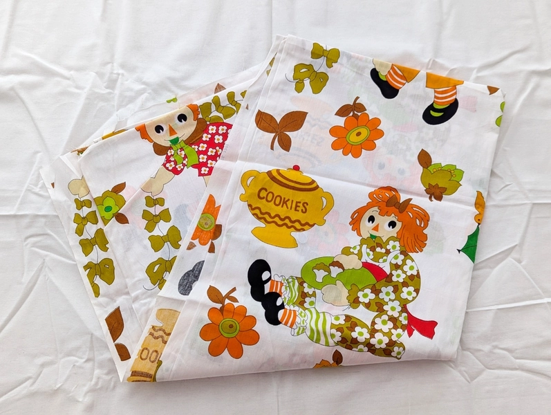 Raggedy Ann Andy Vintage 70s Cotton Fabric 3 yards Fall Floral Orange 