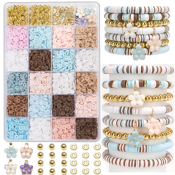 Boho Chic 2150+pcs DIY Bracelet Making Kit with Flower Charms & Golden Accents, Pink & Blue Clay Beads - Perfect for Women's Friendship Jewelry Crafting
