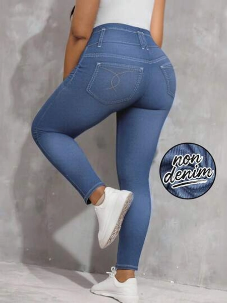 Plus Size Women High Stretch Skinny Jeggings, Denim Print Pattern Casual Comfortable Knit Sweatpants