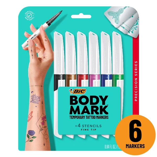 BodyMark Temporary Tattoo Markers, Precision Fine Tip, 6-Count Pack and Stencils