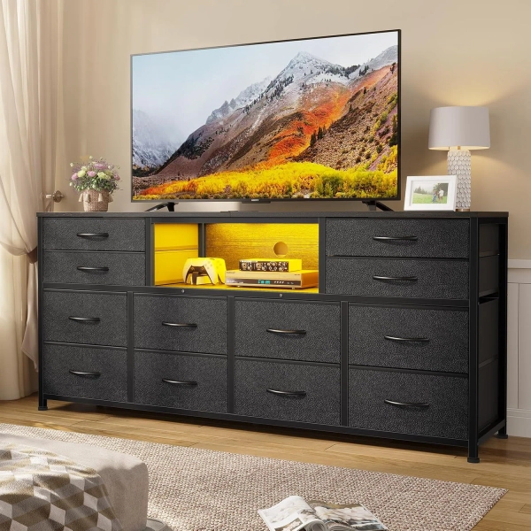Wrought Studio Led Tv Stand Dresser For Bedroom With Power Outlets, 55 Inch Entertainment Center With 12 Drawers | Wayfair
