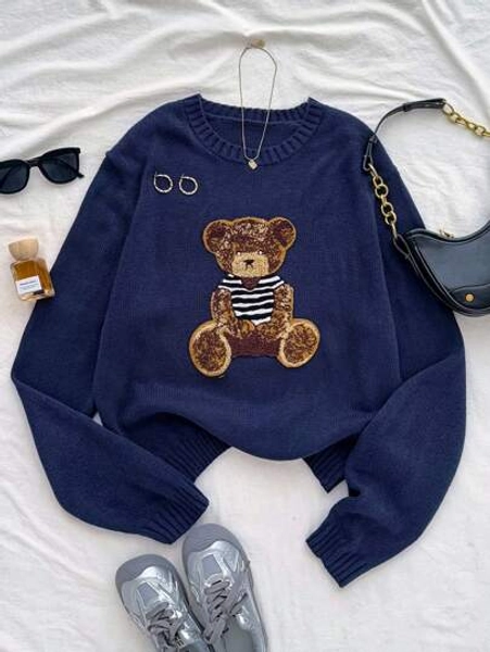 SHEIN Teenage Girl Oversized Crew Neck Casual Bear Graphic Long Sleeve Pullover Sweater In Blue, Red, White, Thermal, Fashionable Streetwear, Loose, Suitable For School, Sports, College, Vintage,In Fall/Winter