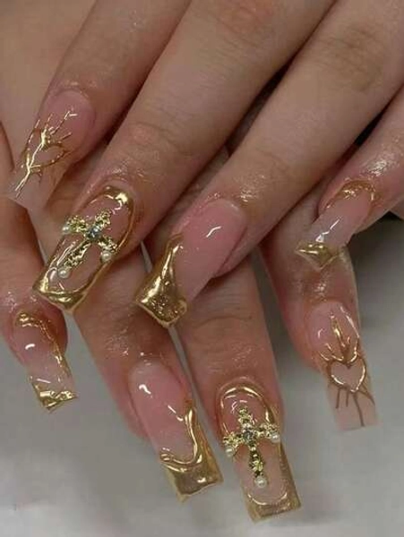 Elevate Your Style With, 24Pcs/Set Long Square Gold Nail Art With Cross Decoration Design French Acrylic Press On Nails Long Fit Perfectly False Nails ,Include: 1pc Jelly Glue And 1pc Nail File, Gold Nail Make Your Fingertips Shine And Beautiful,Very Suitable For Woman Girl Daily Work & Rave Party Use
