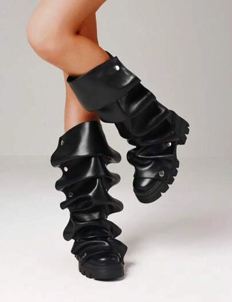 Women Mid Calf Black Boots Platform Heels Ruch Boots Knee High Fold Over Chunky Heel Short Booties Round Toe Wide Calf Pull-On Shark Boots Daily Party Y2K Dress Boots For Woman