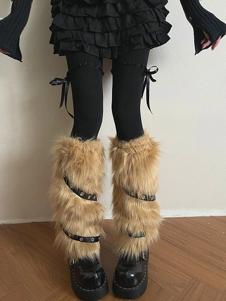 [$13.99]White/Khaki/Black Punk Plush Leg Warmers with PU Leather Strap Decorations