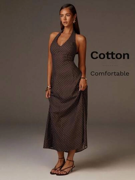 Athîral Women's Polka Dot Print Elegant Maxi Halter Dress,Party Dresses For Women - Size L