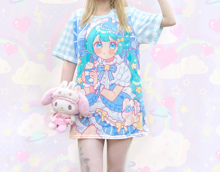 Lullaby - Unisex T-shirt - (Eco-friendly fabric) fairy kei, yume kawaii, harajuku, jfashion, cute kawaii anime girl, pastel blue - ET12