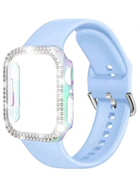 2pcs/Set Soft Comfortable Silicone Sport Watch Strap Adjustable Waterproof Wristband & Bling Rhinestone Decor Glamorous Anti-Fall Protector Watch Case, Compatible With Apple Watch Band 38/40/41/42/44/45/46/49mm, For Apple Watch Series Ultra/SE/11/10/9/8/7/6/5/4/3/2/1, Intelligent Watch Accessories