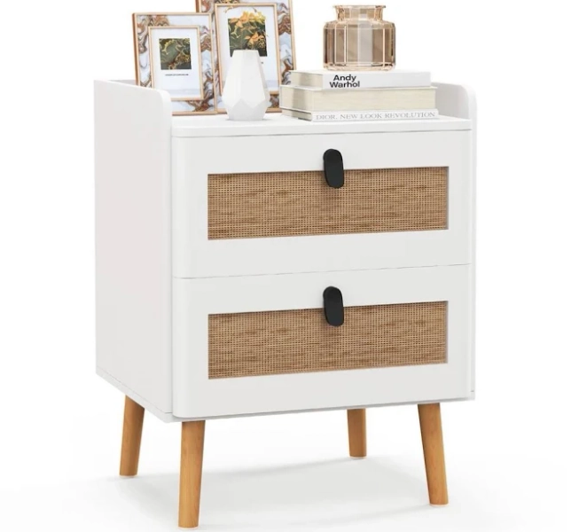 Gouun Modern End Table with 2 Rattan Decorated Drawers