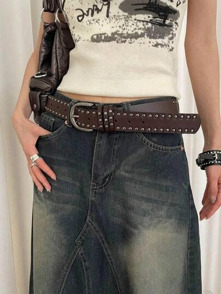 1pc Women's Coffee-Colored PU Leather Punk Style Double Row Rivet Decor Belt, Versatile Accessory Summer, School Fall, Autumn, Halloween